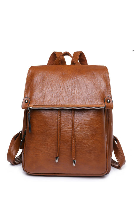 Brown Retro PU Leather Large Capacity Backpack