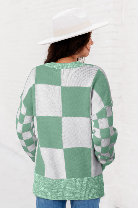 Mint Green Plaid Knitted Drop Shoulder Sweater