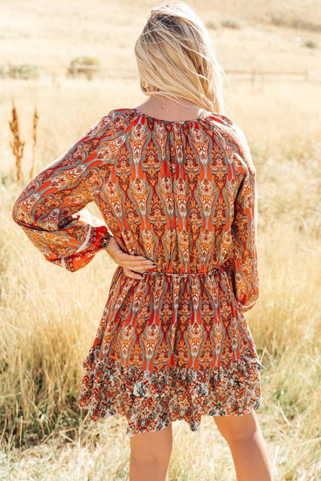 Orange Bohemian Floral Print Buttons Pleated Drawstring Short Dress