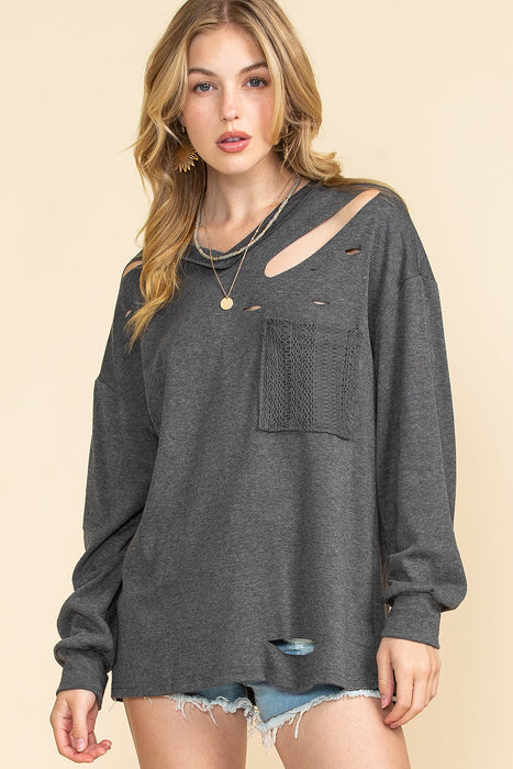 Grey Patch Pocket Distressed Long Sleeve V Neck Top