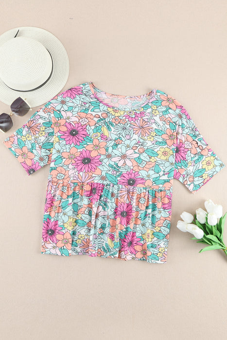 Multicolor Floral Print Ruffle Round Neck Babydoll Tee