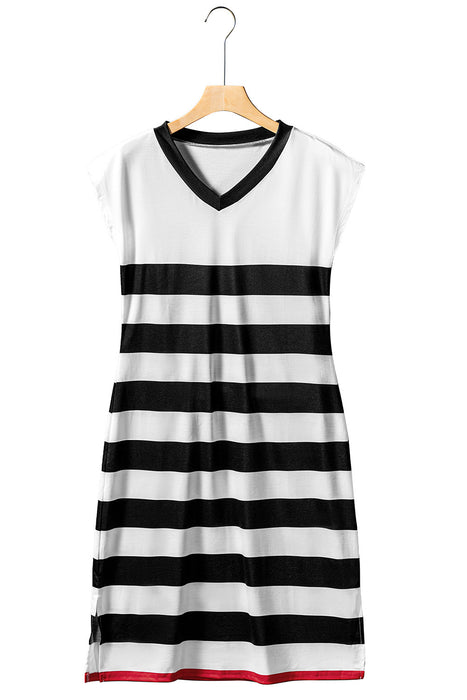 Stripe Elegant V Neck Cap Sleeve Midi Dress