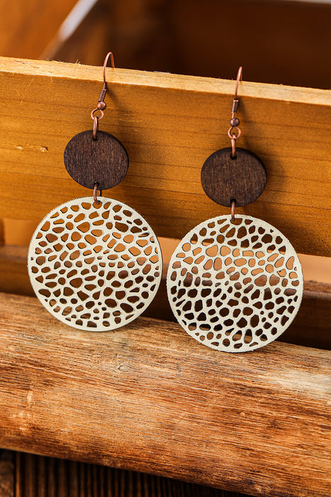 Beige Hollow Out Wooden Round Drop Earrings