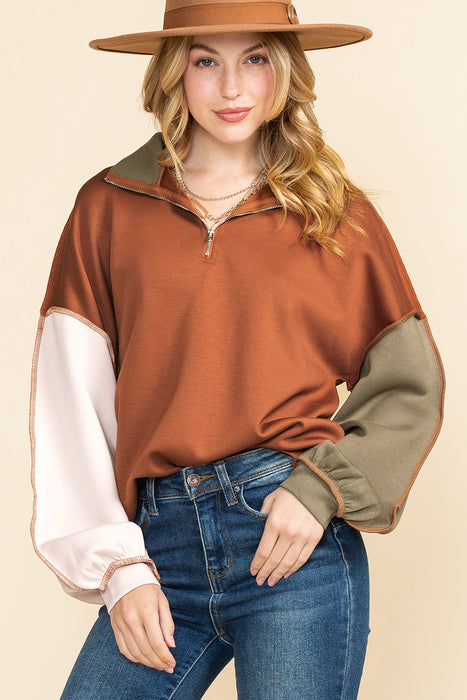 Khaki Patchwork Bishop Sleeve Zip Neck Sweatshirt