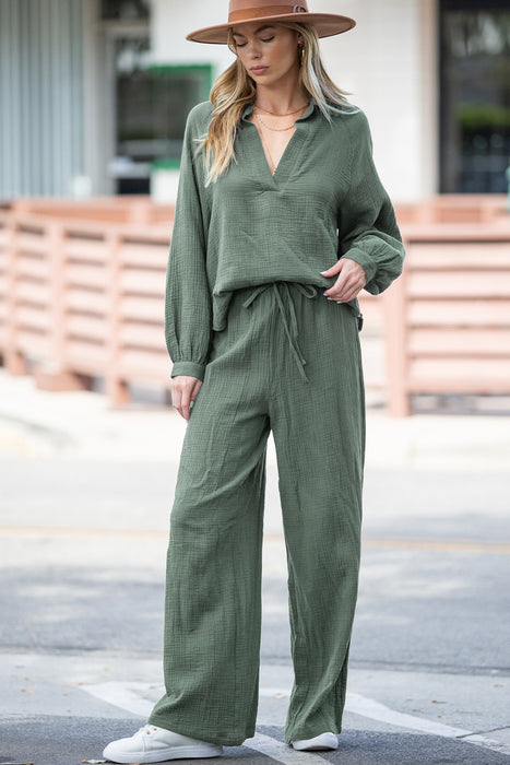 Mist Green Crinkle Split Neck Top Loose Drawstring Pants Set