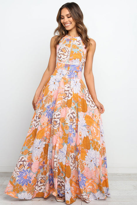 Orange Boho Floral Print Backless Lace-up Halter Maxi Dress