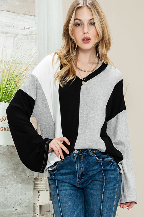 Black Color Block Ribbed Knit V Neck Pullover Long Sleeve Top