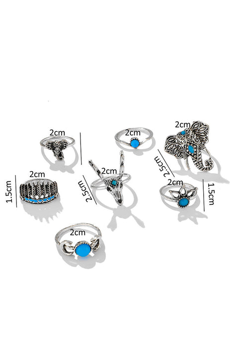 Silver 7Pcs Animal Deer Head Elephant Ring Set