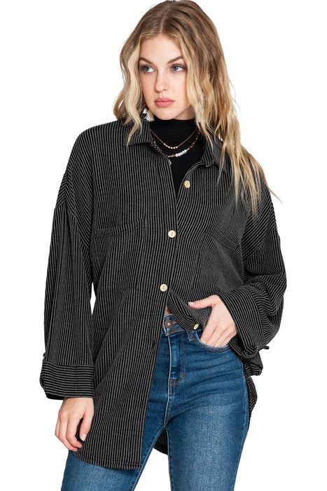 Black Plain Roll Tab Sleeve Button Up Shirt Shacket