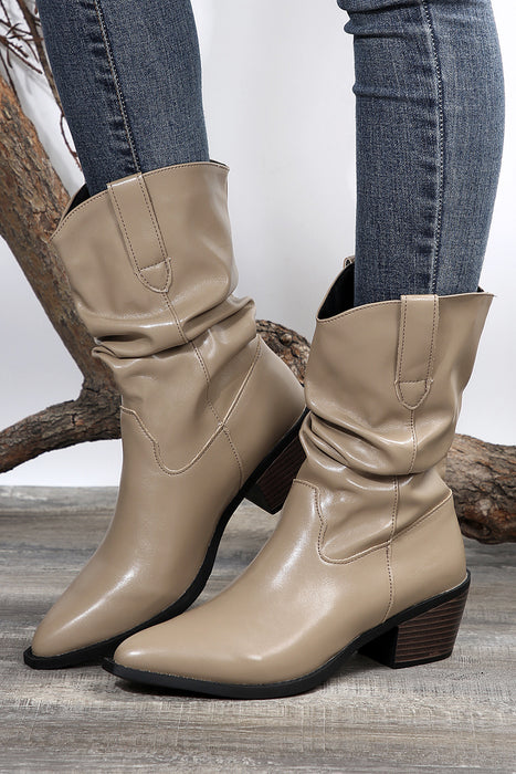 Coffee Block Heel Scrunch Faux Leather Pointed Toe Boots