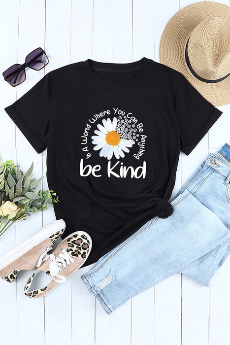 Black Casual be Kind Daisy Slogan Graphic Crewneck Tee