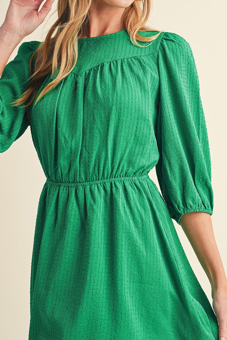 Dark Green Solid Color Round Neck Puff Sleeve Mini Dress