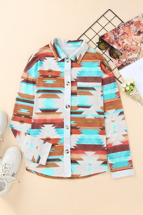 Multicolor Geometric Print Buttoned Pocket Long Sleeve Shirt