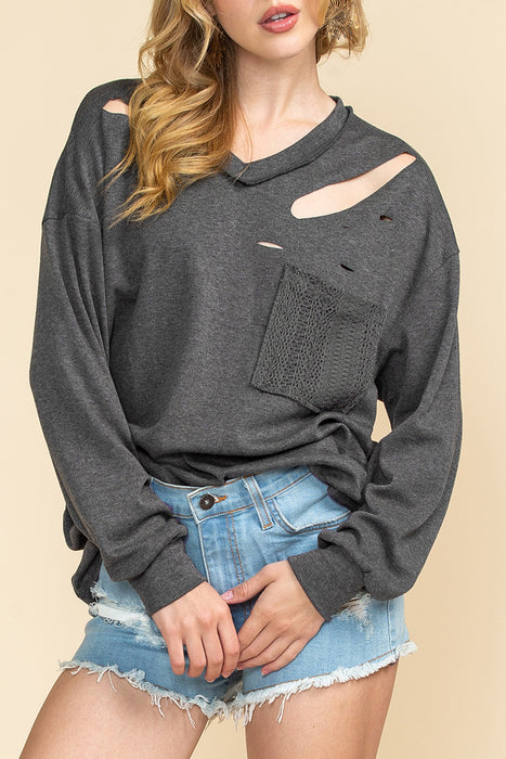 Grey Patch Pocket Distressed Long Sleeve V Neck Top