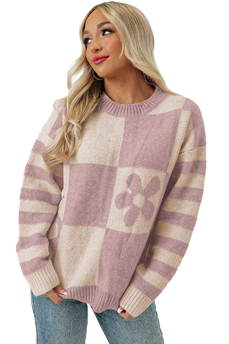 Purple Orchid Petal Checkered and Striped Knitted Sweater