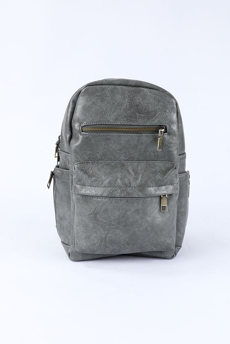 Gray Double Zipper Geometric Straps Faux Leather Backpack