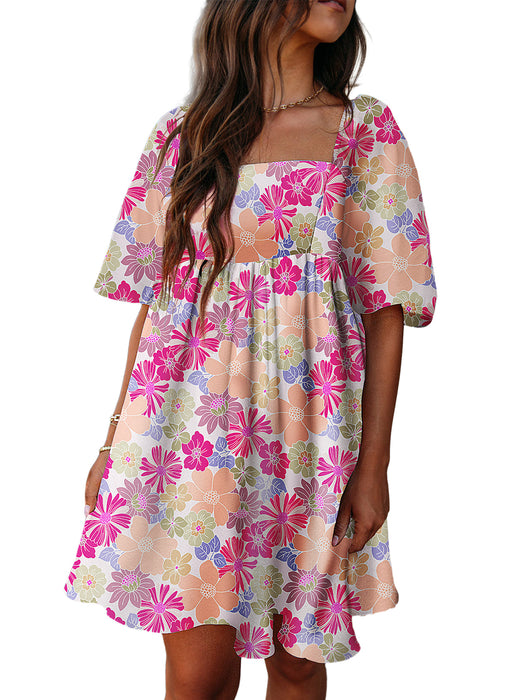 Pink Summer Floral Square Neck Puff Sleeve Babydoll Dress