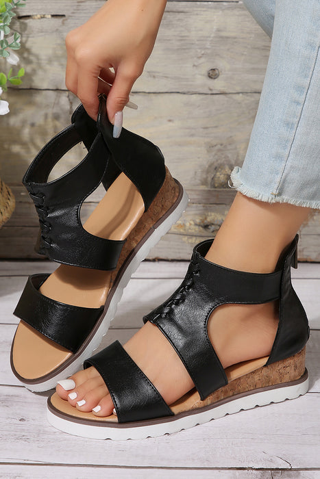 Black Crisscross Detail Hollowed Leather Gladiator Sandals