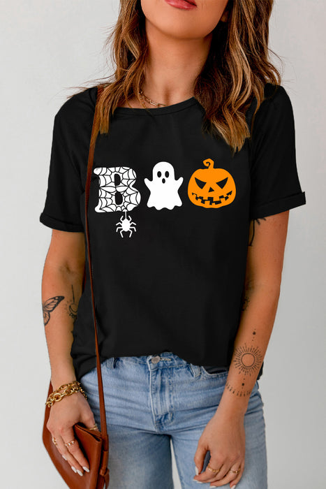 Black Boo Print Casual Halloween Graphic Tee