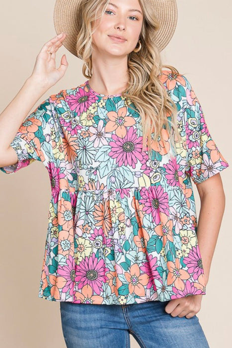 Multicolor Floral Print Ruffle Round Neck Babydoll Tee