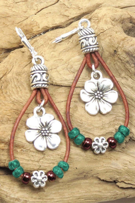 Silvery Leather Beaded Floral Dangle Earrings