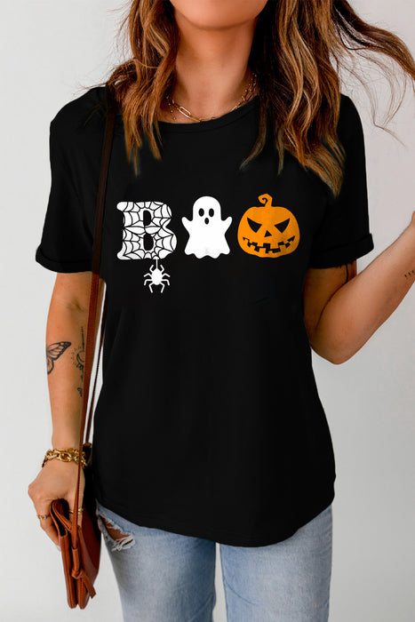 Black Boo Print Casual Halloween Graphic Tee