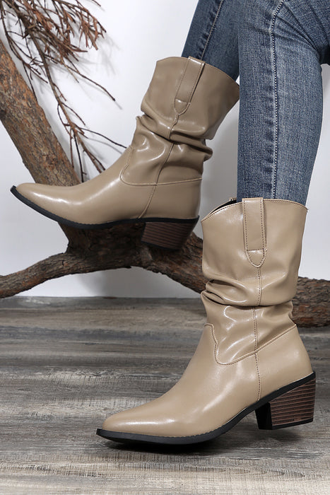 Coffee Block Heel Scrunch Faux Leather Pointed Toe Boots