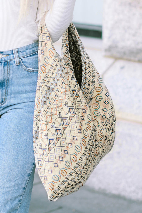 White Geometric Print Canvas Triangle Tote Bag