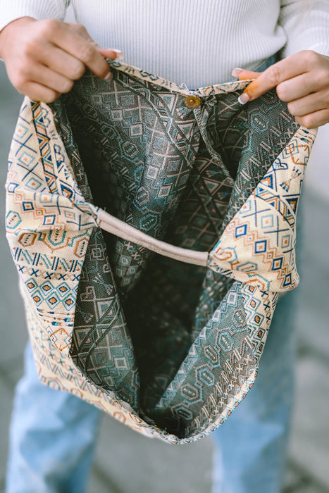 White Geometric Print Canvas Triangle Tote Bag