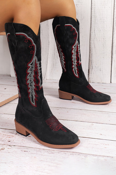 Black Geometric Embroidery Slip On Cowgirl Boots