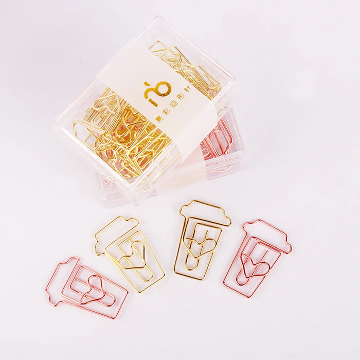 12Pcs/box Coffee Cup Gold and Rose Gold Paper Clip Bookmark Binder Clip Office Accessories Paperclips Patchwork Clip