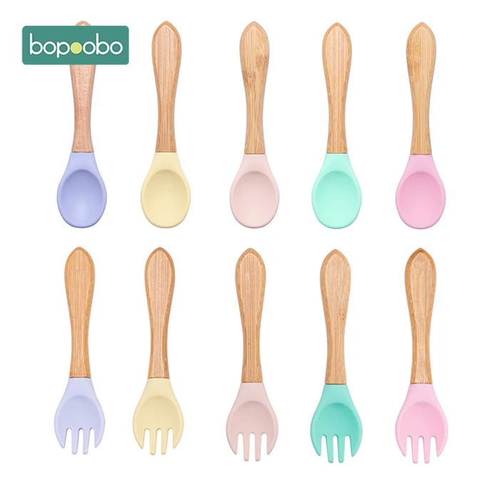 Bopoobo 1/2pc BPA Free Baby Silicone Spoon Baby Feeding Supplies Baby Silicone Fork Food Grade Newbornrn Accessories Teething