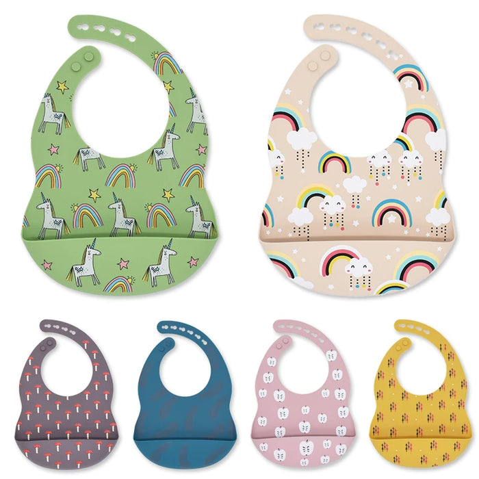 Baby Bibs Cartoon Silicone Bib Waterproof Baby Feeding Newborn Saliva Towel Toddler Aprons Adjustable Burp Cloth Dropshipping