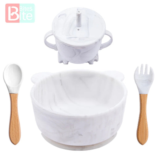 4PC/Set Silicone Baby Feeding Set Solid Color Panda Suction Tableware Wooden Fork Spoon Baby Feeding Cups BPA Free Baby Products