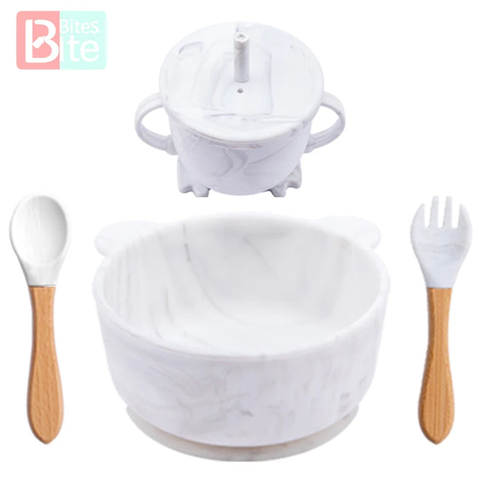 4PC/Set Silicone Baby Feeding Set Solid Color Panda Suction Tableware Wooden Fork Spoon Baby Feeding Cups BPA Free Baby Products