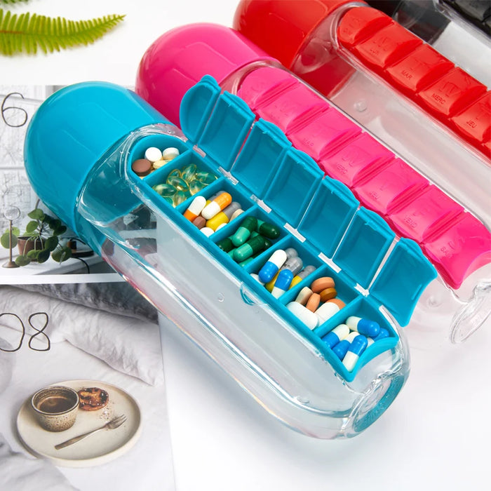 600Ml Water Bottle with Pillbox Plastic Drink Bottle with Medicine Pills Box Travel 7 Days Drug Organizer Drinking Container