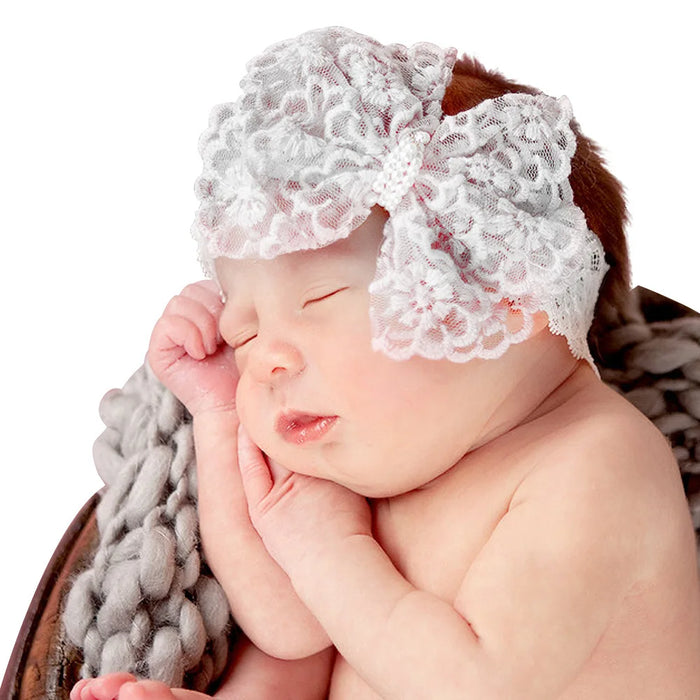 New Lace Bows with Pearl Button Kids Newborn Hair Band Infant Headdress Cute Bow Knot Headband Baby Girls Headwear Photo Props