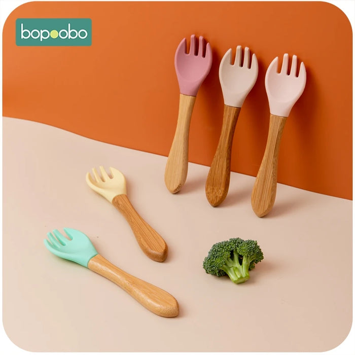 Bopoobo 1/2pc BPA Free Baby Silicone Spoon Baby Feeding Supplies Baby Silicone Fork Food Grade Newbornrn Accessories Teething