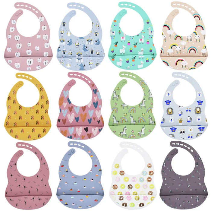 Baby Bibs Cartoon Silicone Bib Waterproof Baby Feeding Newborn Saliva Towel Toddler Aprons Adjustable Burp Cloth Dropshipping