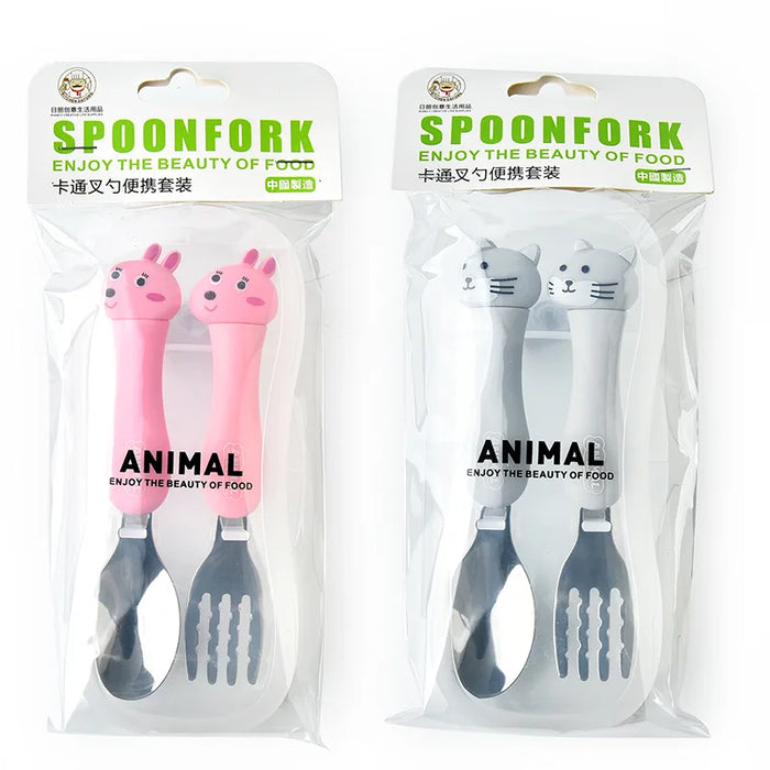 2Pcs Children's Tableware Baby Feeding Spoon Fork With Storage Box Stainless Steel Non-Slip Kids Trainning Cutlery Baby Food Ute