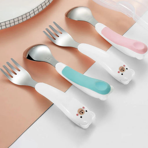 Cute Cartoon Stainless Steel Fork Spoon Set Non-slip ABS Handle Grasp Kids Training Spoon Utensil Baby Feeding Tableware Cutlery