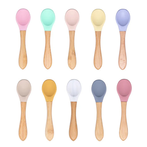 Baby Wooden Spoon Silicone Wooden Baby Feeding Spoon Organic Soft Tip Spoon BPA Free Food Grade Material Handle Toddlers Gifts