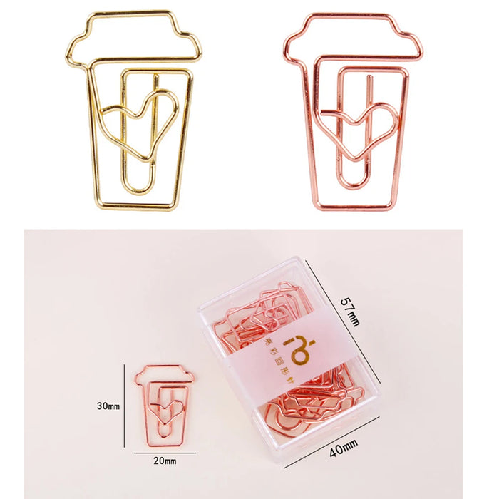 12Pcs/box Coffee Cup Gold and Rose Gold Paper Clip Bookmark Binder Clip Office Accessories Paperclips Patchwork Clip