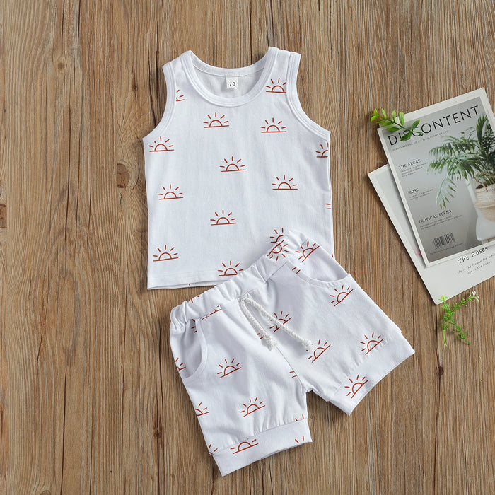 2021 0-3Y Toddler Baby Clothing Summer Soft Cotton 2pcs For Infant Boys Girls Sun Print Sleeveless Top Vest+Shorts Outfits Set