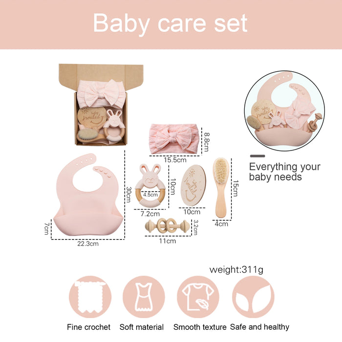 1set Baby Care Products Silicone Bibs Headband Baby Milestones Brush Rattle Bracelet Photography Props Set Birth Gift Product