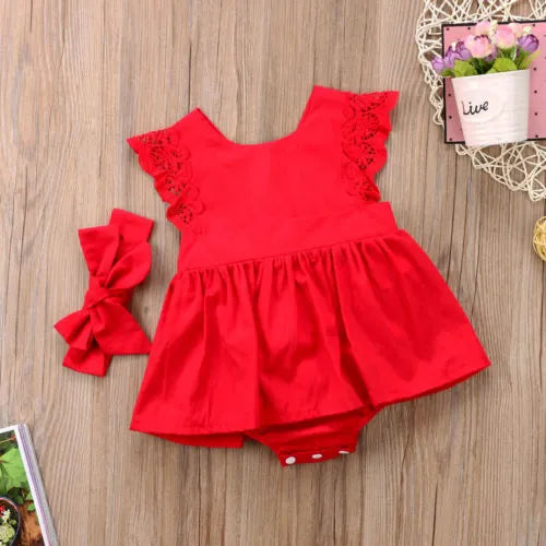 New Arrival 2pcs Red Flower Baby Clothing Newborn Baby Girls Lace Backless Romper Dress Jumpsuit Outfits Clothes 0-24M