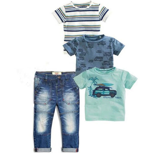 New 2021 Summer Children Sets Baby Clothing Sets Boys 4pcs Set Striped Suit  T-shirts + Blue T-shirt Car + T-shirt + Denim Jeans