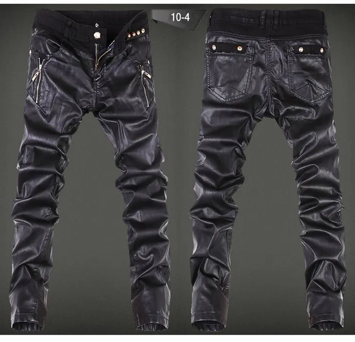 2022 fashion skinny skull Spliced leather pants men casual slim fit washing Locomotive leather pants men feet pants,28-36