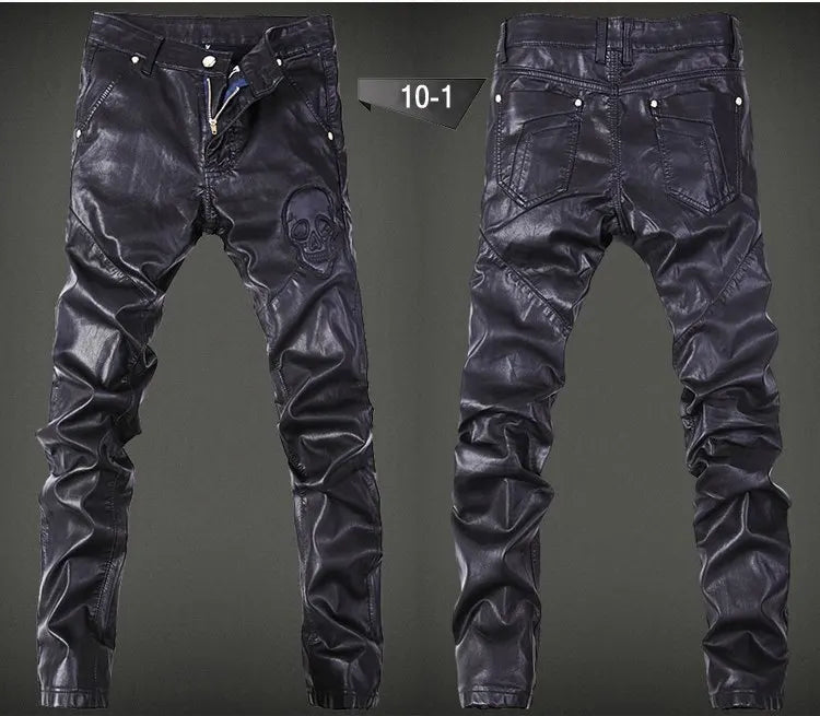 2022 fashion skinny skull Spliced leather pants men casual slim fit washing Locomotive leather pants men feet pants,28-36