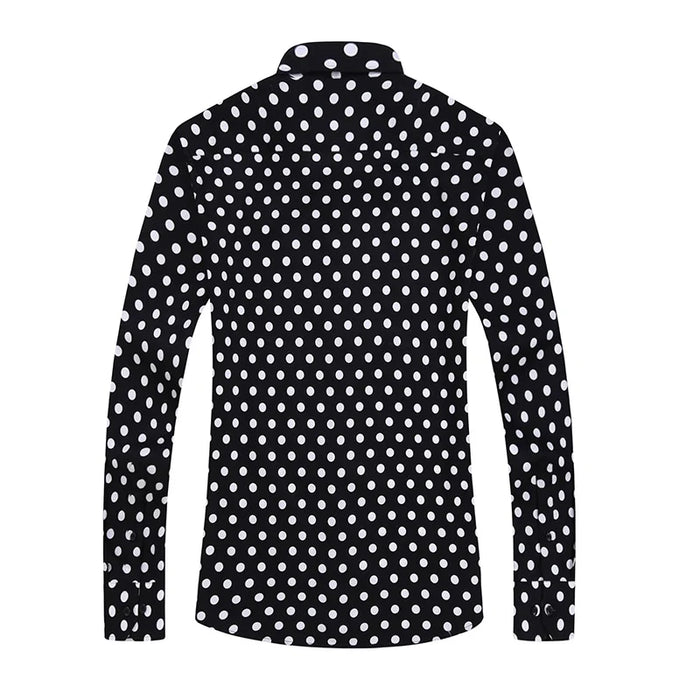 Black White Polka Dot Mens Dress Shirt Brand Long Sleeve Male Slim Fit Casual Business Social Formal Shirt Mens Cotton Clothing